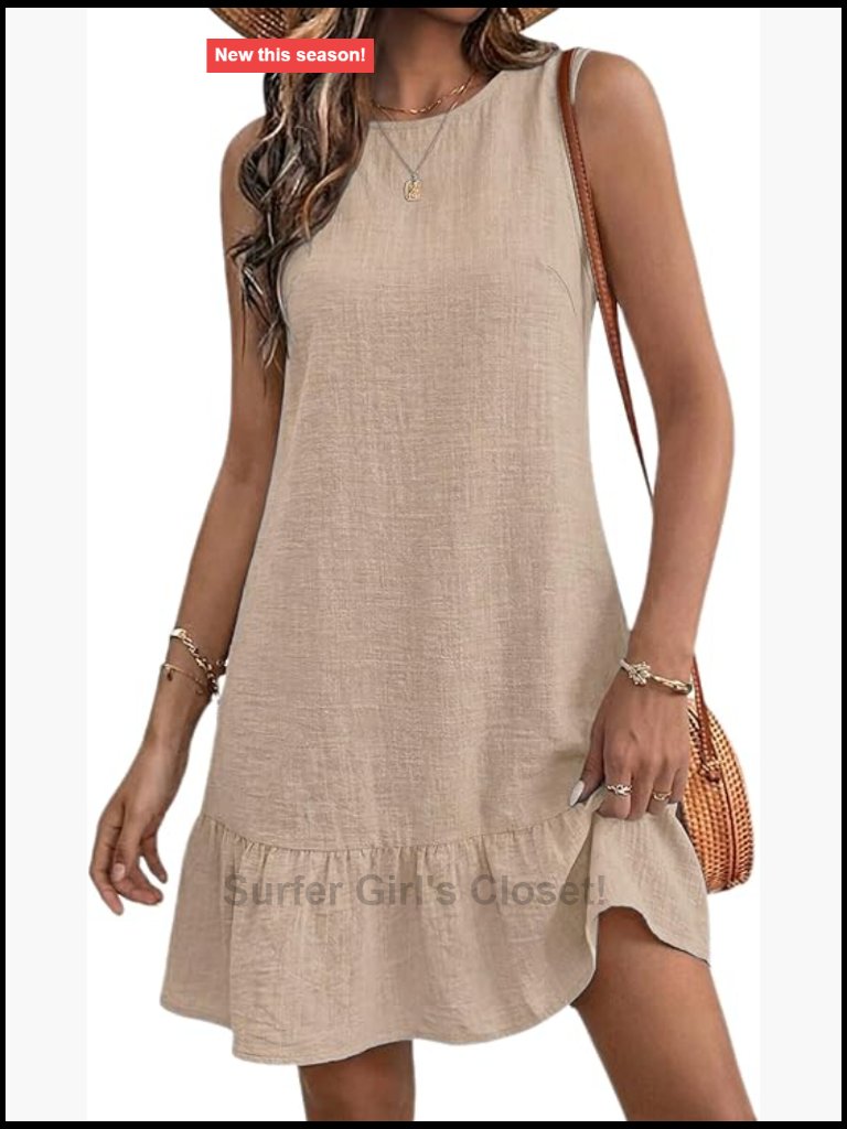 Womens Casual Summer Tank Dress Tie Back Crew Neck Sleeveless Mini Dress Ruffle